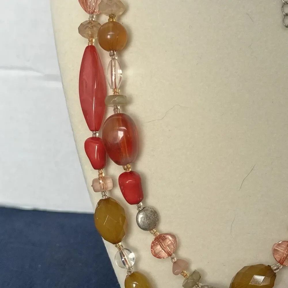 Vintage Avon NR Beaded Necklace Orange Red Beads Silvertone‎ Chain Two Strand